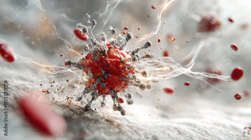 Technology Engineered Living Therapeutics Concept, Engineered living therapeutics technology illustrated by exploding red liquid creating droplets