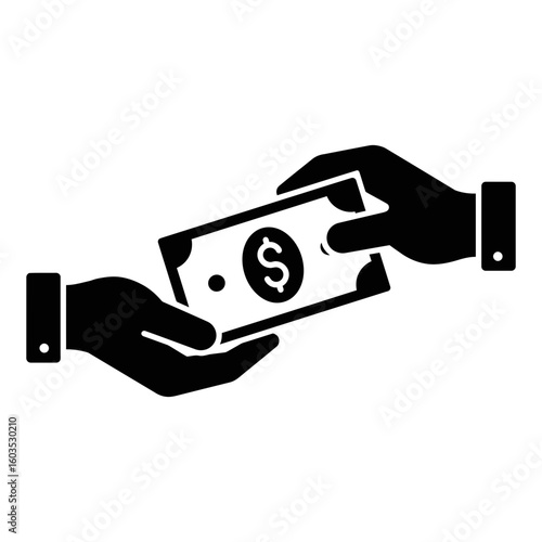 Payment transaction shown by a hand giving a dollar bill, a silhouette icon.