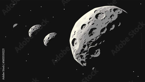 Cartoon Asteroids and Stars in Space Illustration.