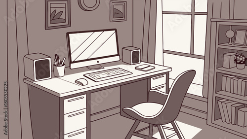 Cartoon illustration of a home office setup with desk computer and chair.