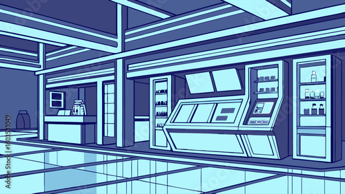 Futuristic Convenience Store Interior Design Illustration.