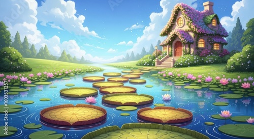Whimsical cottage with pink flowers beside a pond with lily pads and stepping stones house home