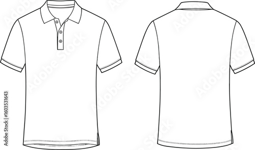 Polo shirt fashion flat sketch, technical cad drawing template, vector illustration front and back view, apparel design, garment details, outline