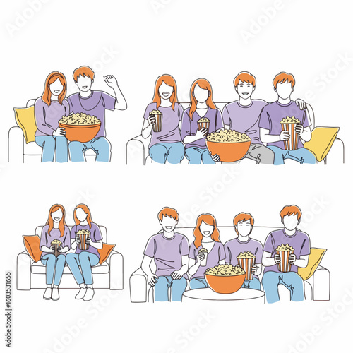 Young people and couples enjoying movie night at home, sharing popcorn on the sofa, happy and relaxed together, simple line art illustration.