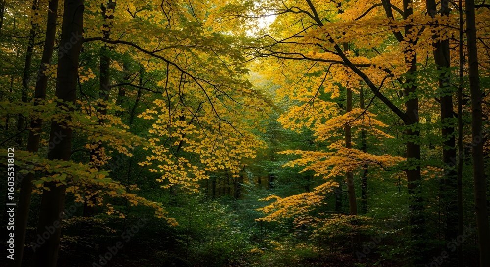 Obraz premium Autumn Exploration, Forest Scenery, Nature Trail, Landscape Photography, Lush Greenery, Peaceful Atmosphere, Seasonal Changes