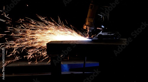 Dramatic orange sparks fly against a dark industrial background, capturing the energy of metalworking.