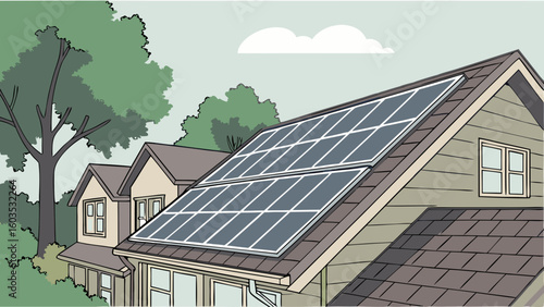 House with Solar Panels on Roof Trees and Cloud.