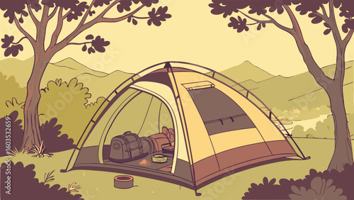 Illustrated Camping Scene Featuring Tent Backpacks and Outdoor Gear.