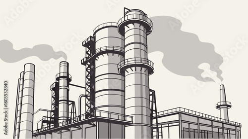 Industrial Plant with Chimneys and Smoke Illustration.