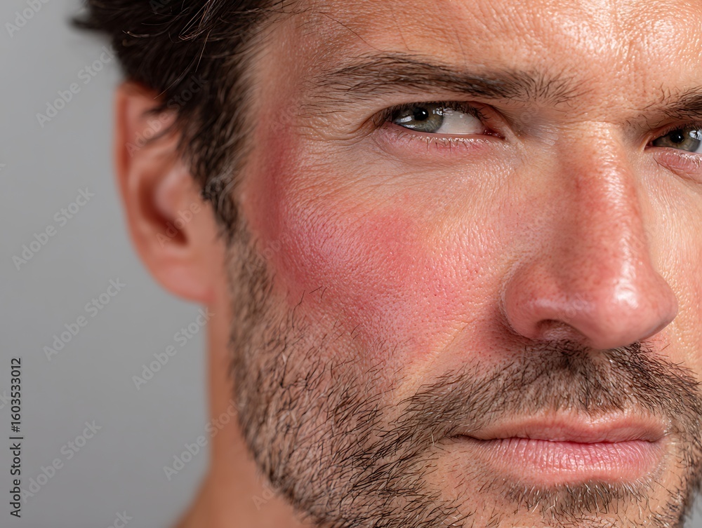 Obraz premium Red skin after being exposed to an allergic cream, red face from an allergic reaction to a skin care product