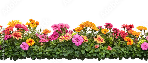 Vibrant Flower Bed Border with Colorful Blooms and Lush Green Foliage against Transparent Background
