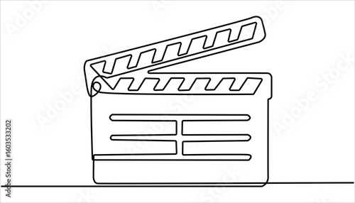 One continuous line drawing of clapper board. Action movie scene and retro video production concept simple linear style. Movie scene episode production concept.