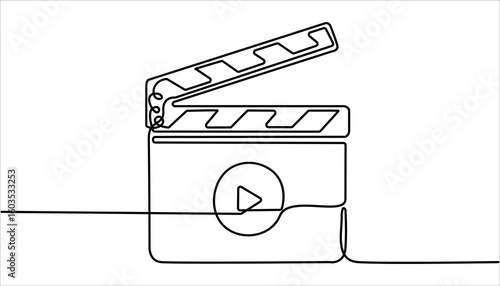 One continuous line drawing of clapper board. Action movie scene and retro video production concept simple linear style. Movie scene episode production concept.