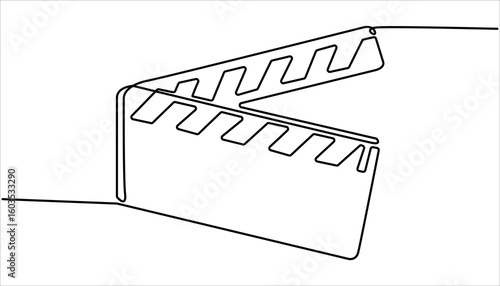 One continuous line drawing of clapper board. Action movie scene and retro video production concept simple linear style. Movie scene episode production concept.