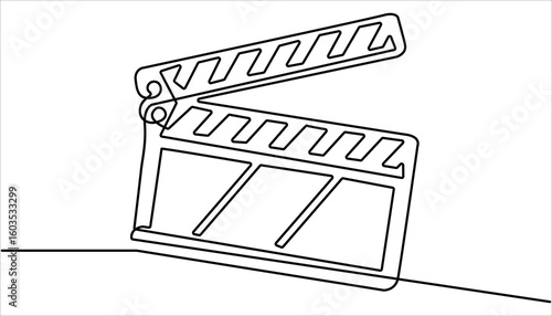 One continuous line drawing of clapper board. Action movie scene and retro video production concept simple linear style. Movie scene episode production concept.