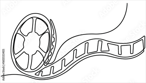 One continuous line drawing of film reel with long tape. Retro old movie and cinema roll in simple linear style. Continuous one line drawing cinema film strip. Vintage cinema element isolated.
