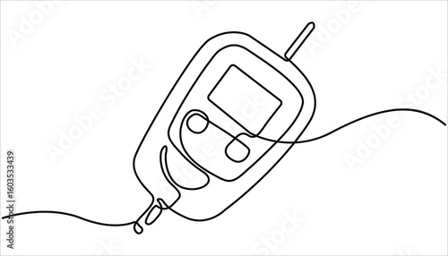 One continuous line drawing of Blood glucose meter test illustration.  Continuous single line drawing of glucometer for monitoring blood sugar. Glucometer one line drawing. Single continuous diabetes 