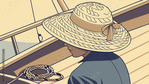 Person Wearing a WideBrimmed Straw Hat on a Boat.