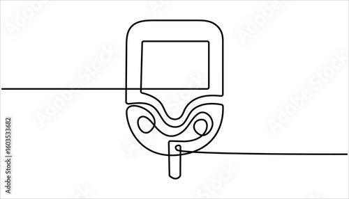 One continuous line drawing of Blood glucose meter test illustration.  Continuous single line drawing of glucometer for monitoring blood sugar. Glucometer one line drawing. Single continuous diabetes 