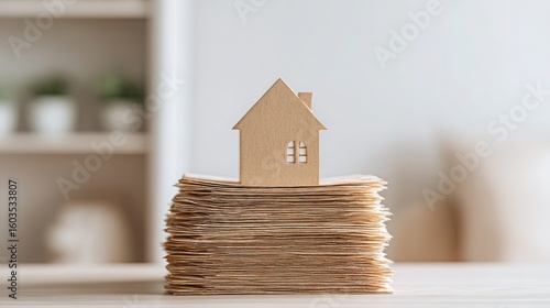 A house perched on a stack of paperwork symbolizing the process of property transfer deed and ownership transition