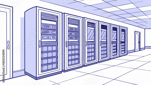 Row of Server Racks in a Data Center.