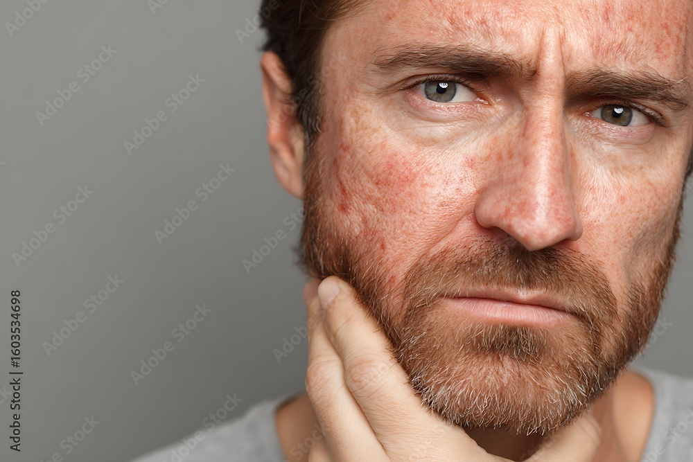 Obraz premium A man frowning slightly while his skin is irritated. A natural expression while facing skin allergies and feeling uncomfortable.