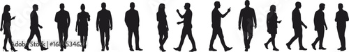 Silhouette vector of walking people, men and women, side view, casual motion, urban character design, isolated figures, black posture reference