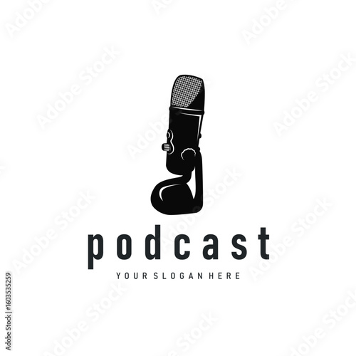 Microphone logo design, black silhouette concept of condenser microphone for podcast, simple vintage and modern design for business brand illustration template or poster