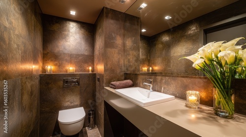 Luxurious small bathroom features dark tiles, warm candle light, and white flower arrangement
