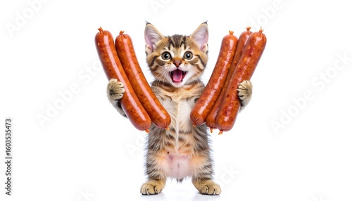 A kitten holding sausages