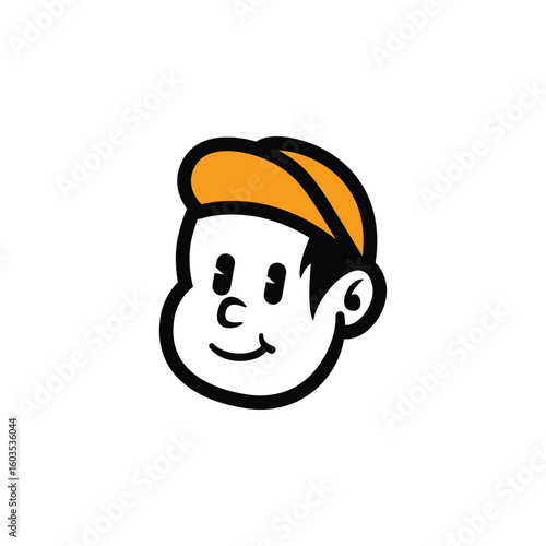 Cute cartoon boy face with orange cap and friendly smile. Simple vector mascot logo for kids brand, food packaging, streetwear, or fun branding. Editable EPS design