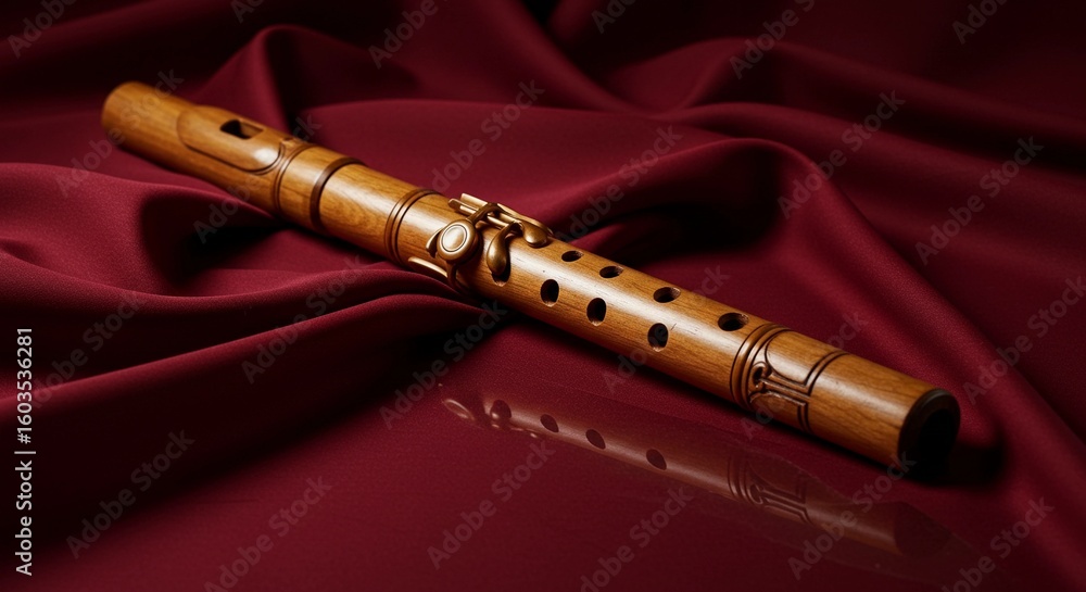 Fototapeta premium A flute laying on a silk fabric with soft diffused lighting and elegant reflection