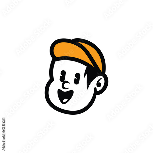 Cute cartoon boy face with orange cap and friendly smile. Simple vector mascot logo for kids brand, food packaging, streetwear, or fun branding. Editable EPS design