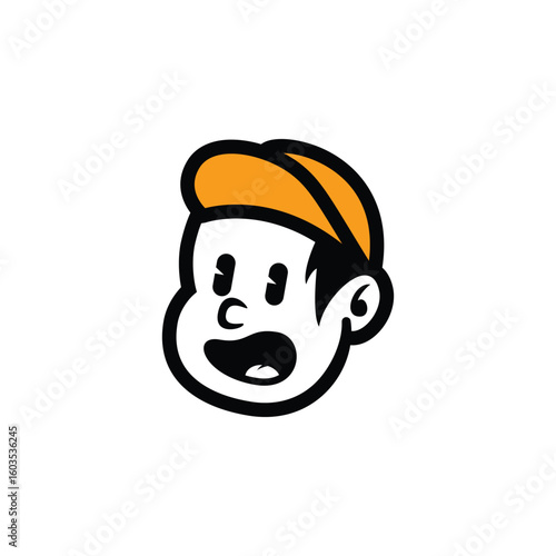Cute cartoon boy face with orange cap and friendly smile. Simple vector mascot logo for kids brand, food packaging, streetwear, or fun branding. Editable EPS design