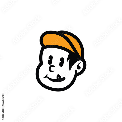 Cute cartoon boy face with orange cap and friendly smile. Simple vector mascot logo for kids brand, food packaging, streetwear, or fun branding. Editable EPS design