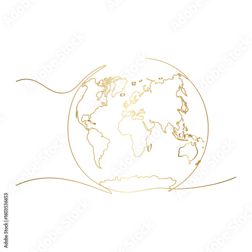 Golden World Map Continuous Line Art on Transparent Backdrop for Global Concepts