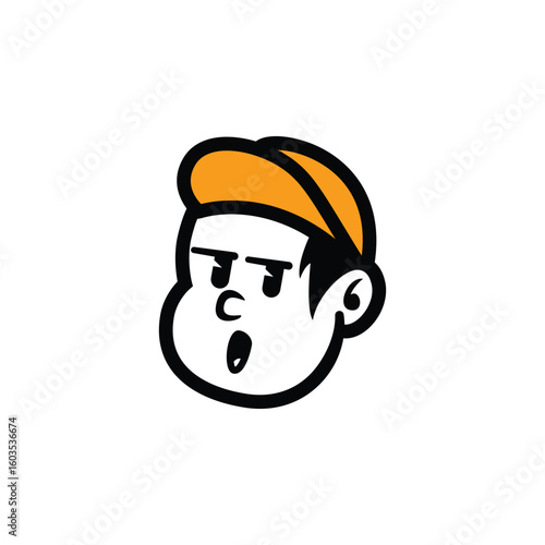 Cute cartoon boy face with orange cap and friendly smile. Simple vector mascot logo for kids brand, food packaging, streetwear, or fun branding. Editable EPS design