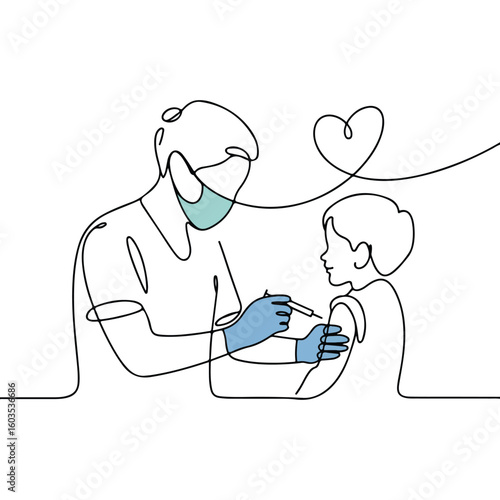 Doctor administering injection to child with heart symbol syringe medical