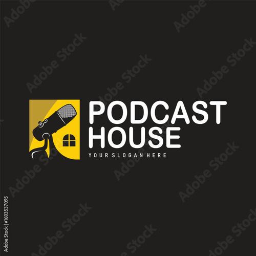 Microphone logo design, black silhouette concept of condenser microphone for podcast, simple vintage and modern design for business brand illustration template or poster