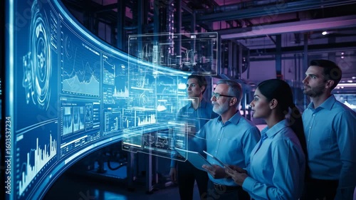 Industrial Team Analyzing Data on Futuristic Interactive Display