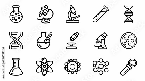 Science lab equipment vector icons set microscope flask dna atom molecule petri dish test tube for education