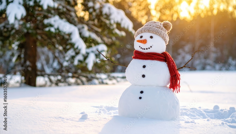 Fototapeta premium A delightful snowman with a red scarf and cozy hat stands in a snowy forest at sunset, capturing the essence of winter.
