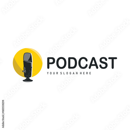 Microphone logo design, black silhouette concept of condenser microphone for podcast, simple vintage and modern design for business brand illustration template or poster