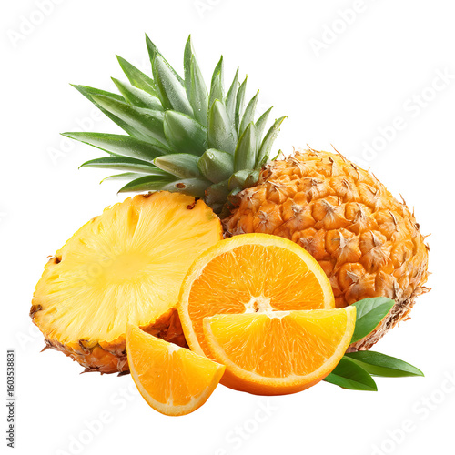 Vibrant tropical fruit medley showcasing pineapple and orange slices against black backdrop