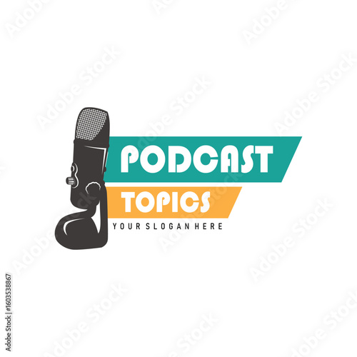 Microphone logo design, black silhouette concept of condenser microphone for podcast, simple vintage and modern design for business brand illustration template or poster