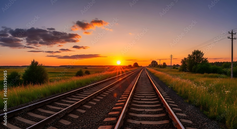 Obraz premium Railway tracks stretch toward the horizon during a vibrant sunset landscape