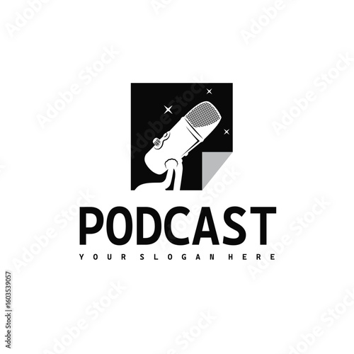 Microphone logo design, black silhouette concept of condenser microphone for podcast, simple vintage and modern design for business brand illustration template or poster