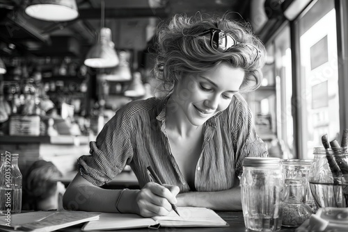 Young woman enjoying creative writing in a cozy coffee shop, capturing inspiration in a stylish urban setting