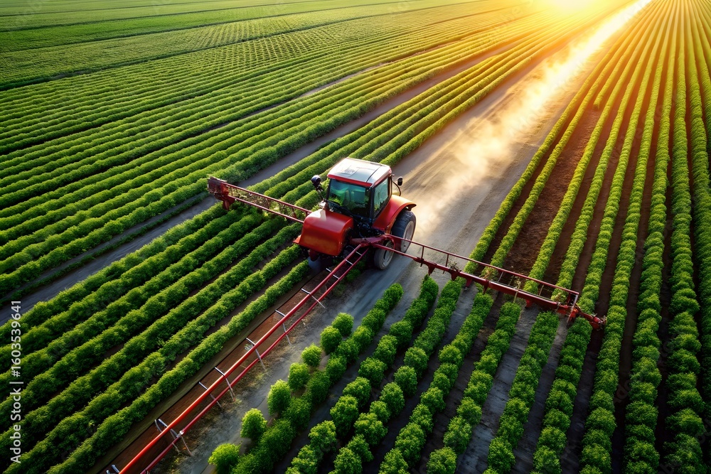 Obraz premium Aerial view of a tractor spraying crops in a vast green field under a golden sunset