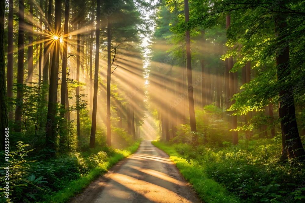 Obraz premium Majestic Sun Rays Piercing Through Tall Trees on a Forest Path